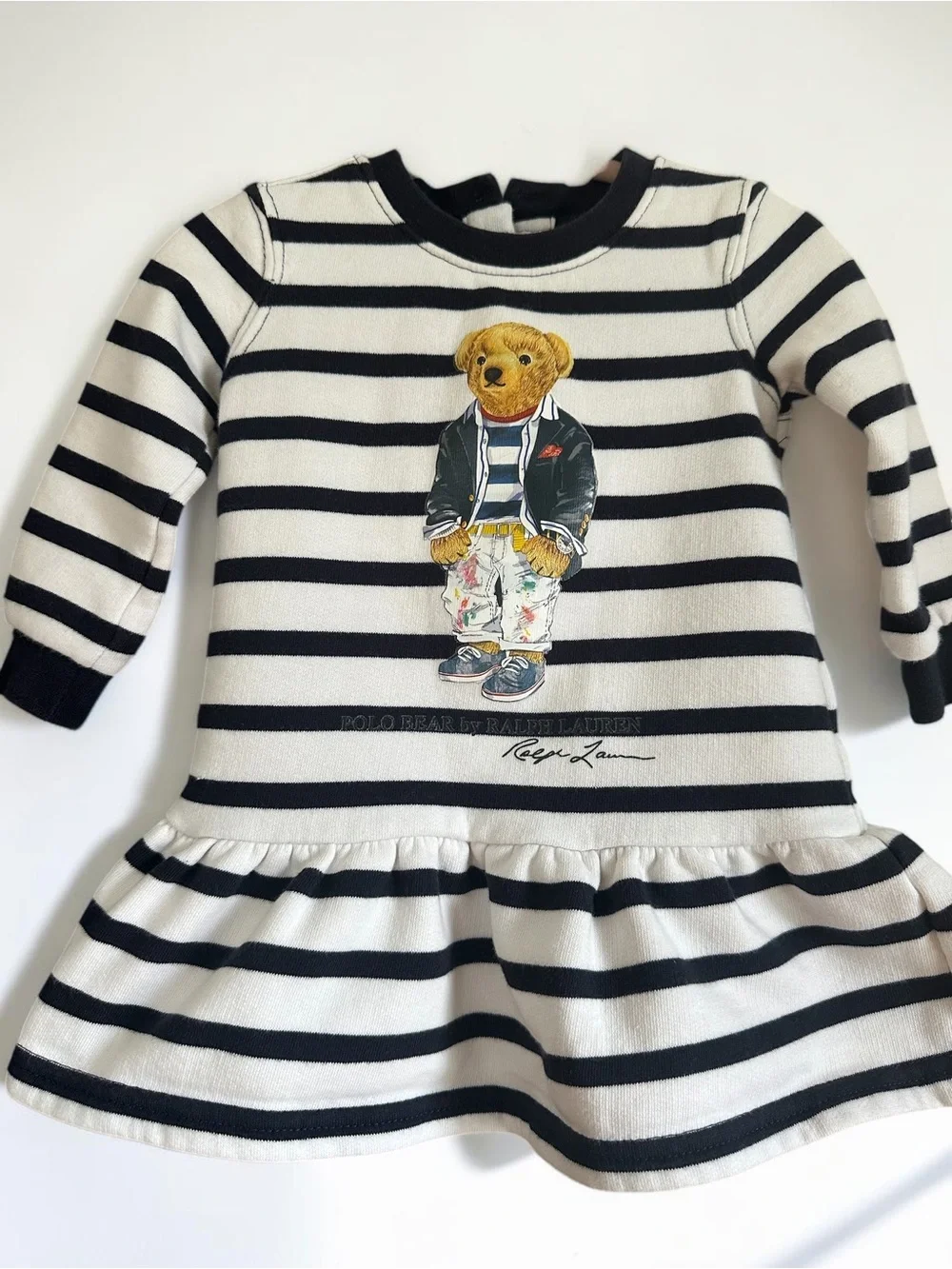 Baby Ralph Lauren, Polo Bear Fleece Dress - Navy & White Stripes, 6 Months